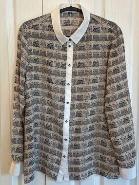 Marc Cain Silk Blouse Tote Print Cream Black Size 4 EUC